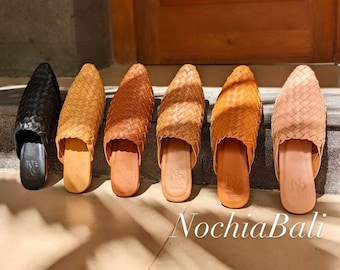 Mules pointues, mules pointues tissées à la main, mocassins tissés unisexe, claquettes en cuir, mules d'été, mocassins européens, cuir de chèvre véritable