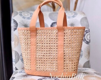 Leather Rattan Tote, Cane Webbing Bag, Wicker Rattan Handbag, Cane Webbing Tote, Woven Shoulder Bag, genuine leather bag