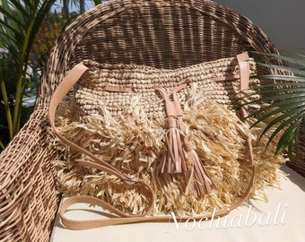 Handmade Raffia Beach Bag: Boho Woven Sling Bag with Leather Strap