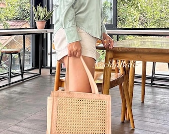 Leather Rattan Bag, Cane Webbing tote Bag, Wicker Rattan Handbag, genuine Leather Tote, Cane Webbing Tote, Bali Handmade Bag