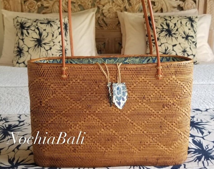Handwoven Rattan Tote, Leather Strap, Atta Grass Beach Bag