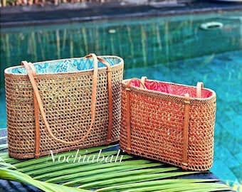 Summer rattan Tote, Beach Rattan Tote, picnic rattan tote, shoulder summer handbag, Wicker rattan bag, genuine leather strap, gift for her