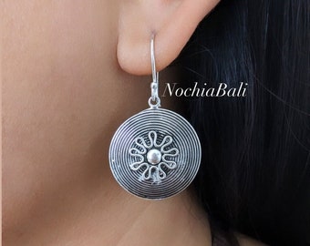 Round silver earring, Boho Drop Earring, Bali art earring, Sterling Silver Ear wire, Unique Gift Ideas for Her