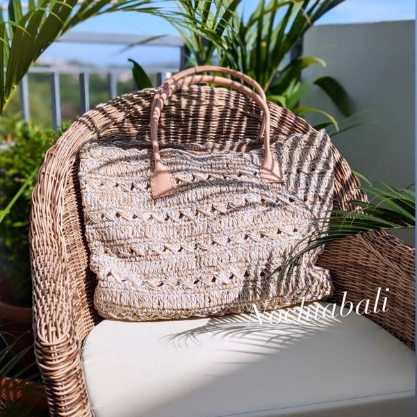 Large beach bag, raffia beach bag, woven raffia bag, Summer straw bag, Handmade shoulder bag, genuine leather