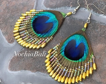 Peacock feather Earring, gold beads feathers, chic summer earrings, bohemian jewelry, Boho earring, gift for her