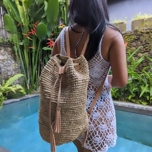 Straw Woven Drawstring Backpack with Leather Straps Summer Beach Tote Straw Backpack Tote - Etsy main image 4