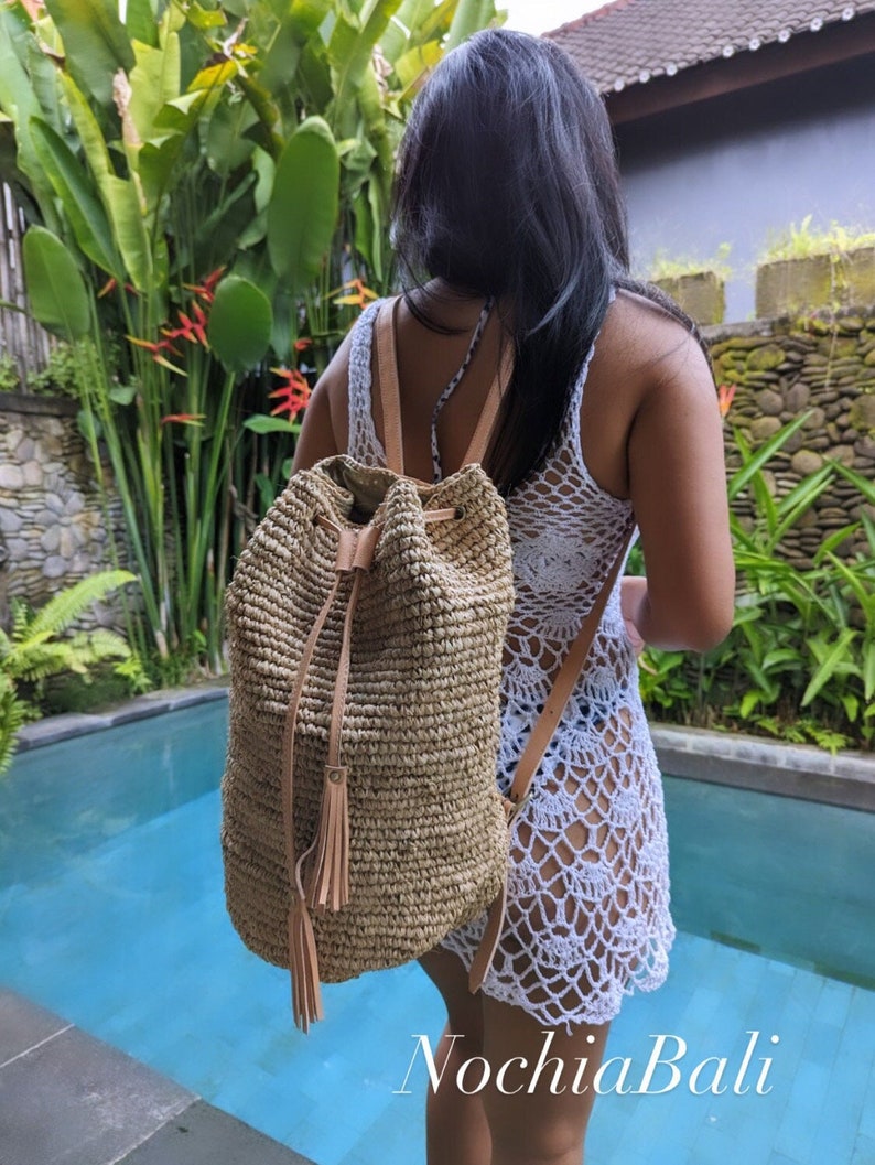 Beach Straw backpack, Woven Raffia backpack, Backpack with Genuine leather strap, Natural Leather color, gift for her image 1