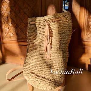 Beach Straw backpack, Woven Raffia backpack, Backpack with Genuine leather strap, Natural Leather color, gift for her image 8