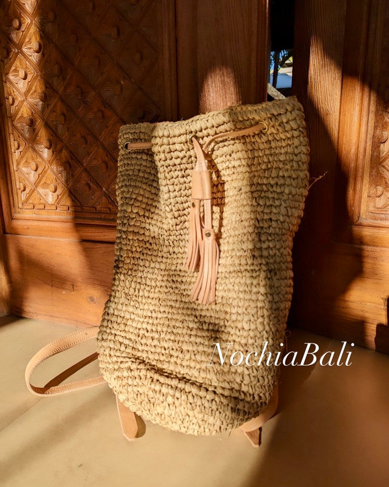 Beach Straw backpack, Woven Raffia backpack, Backpack with Genuine leather strap, Natural Leather color, gift for her image 8