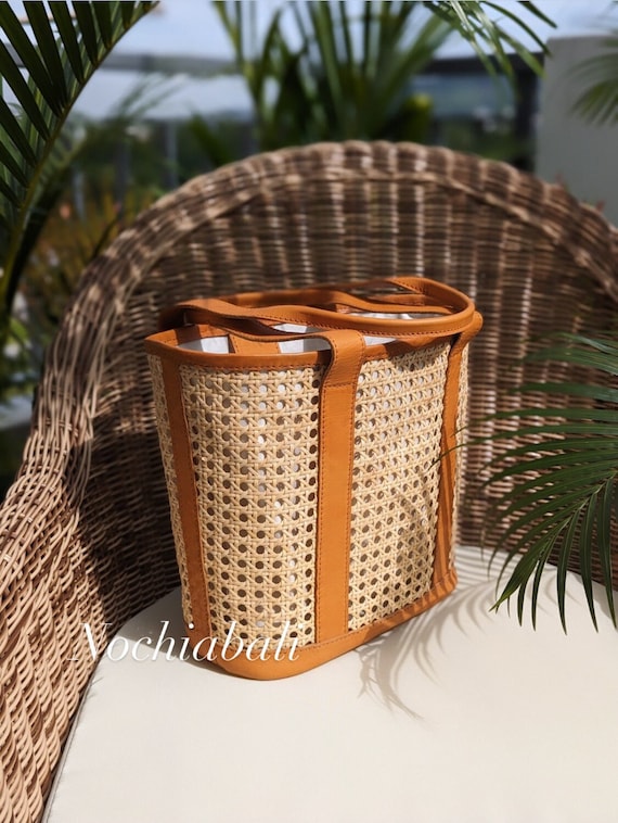 Bruine rotan draagtas rieten riem rieten rotan handtas rieten draagtas handgemaakte Bali tas echte leren tas Etsy Nederland