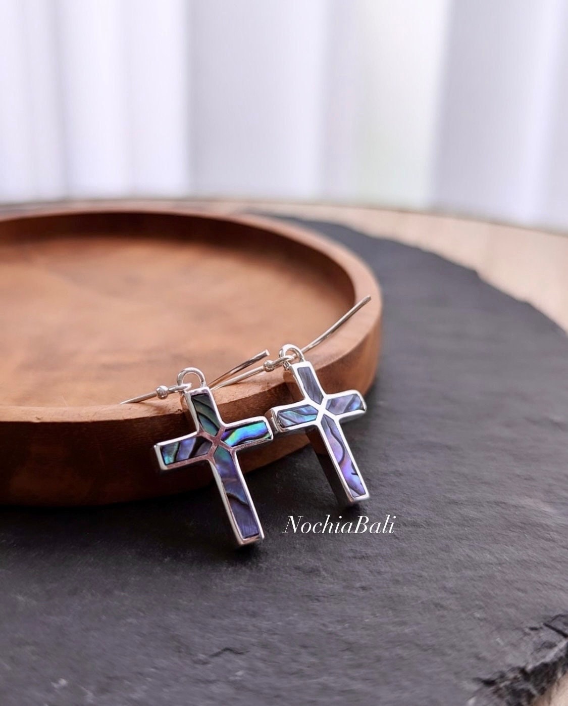 Orecchini A Croce In Argento 925 Con Conchiglia Abalone - Gioielli Religiosi Fatti A Mano, Ipoallergenici, Regalo Per Donne