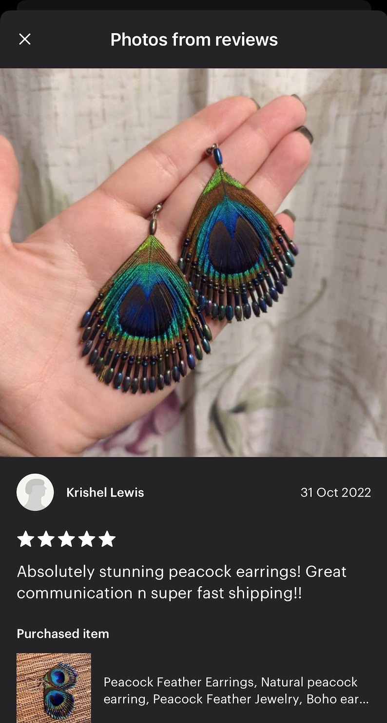 Peacock Feather Earrings, Natural peacock earring, Peacock Feather Jewelry, Boho earring, gift for her image 4