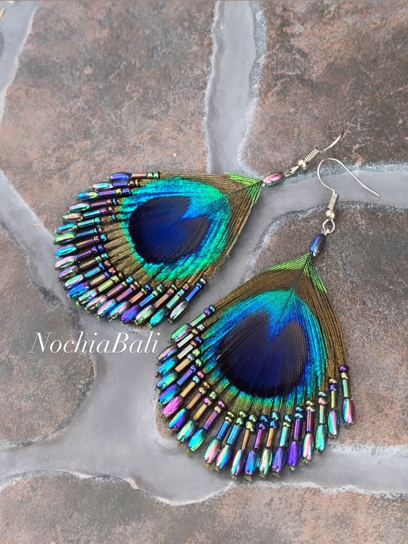 Peacock Feather Earrings, Natural peacock earring, Peacock Feather Jewelry, Boho earring, gift for her image 1