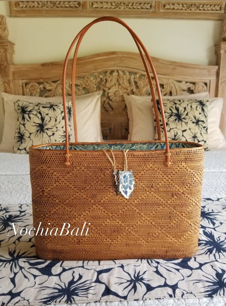 Summer Rattan Tote, Straw Tote bag, Woven Beach Bag, one shoulder summer handbag, genuine leather strap image 1