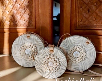 Handmade Rattan Crossbody Bag with Shell, Genuine Leather Strap