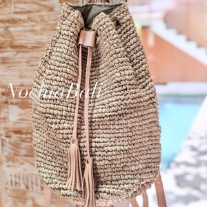 Beach Straw backpack, Woven Raffia backpack, Backpack with Genuine leather strap, Natural Leather color, gift for her image 7