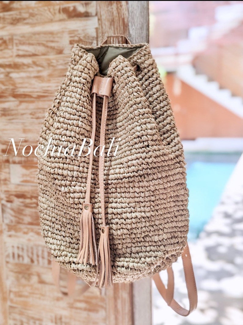 Beach Straw backpack, Woven Raffia backpack, Backpack with Genuine leather strap, Natural Leather color, gift for her image 7