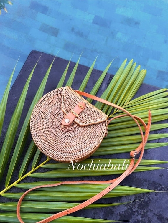 Boho Sling Bag, Rattan summer Bag, Woven beach bag, Beach wedding Bag, adjustable and genuine leather strap