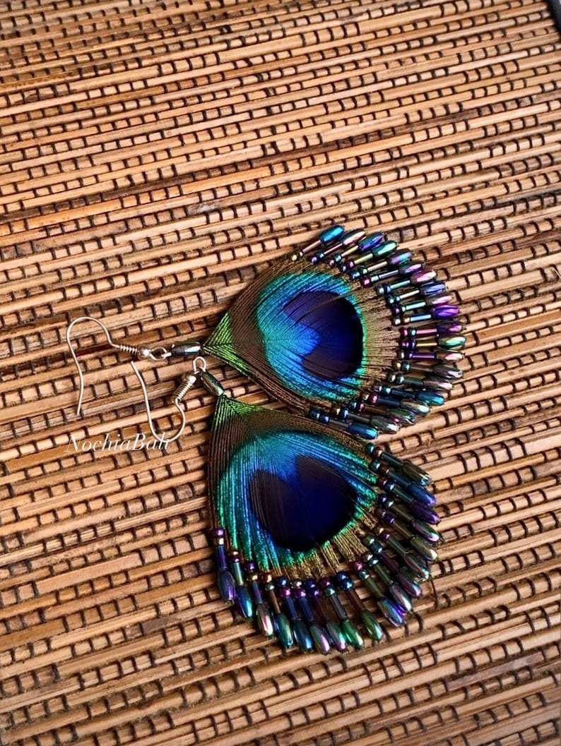 Peacock Feather Earrings, Natural peacock earring, Peacock Feather Jewelry, Boho earring, gift for her image 3