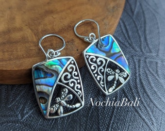 Abalone earring, dragonfly earring, Bali Art earring, Boho earring silver, rectangle earring, gift for her