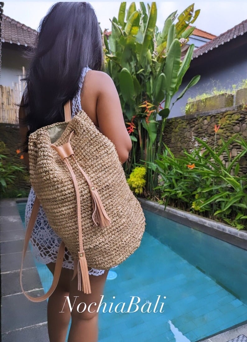 Beach Straw backpack, Woven Raffia backpack, Backpack with Genuine leather strap, Natural Leather color, gift for her image 2