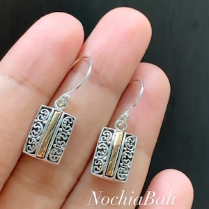 Rectangle silver Earring, statement earring, silver dangle earring, 925 sterling silver, inlaid 18k gold, gift for her