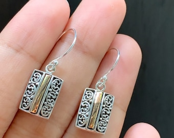 Rectangle silver Earring, statement earring, silver dangle earring, 925 sterling silver, inlaid 18k gold, gift for her