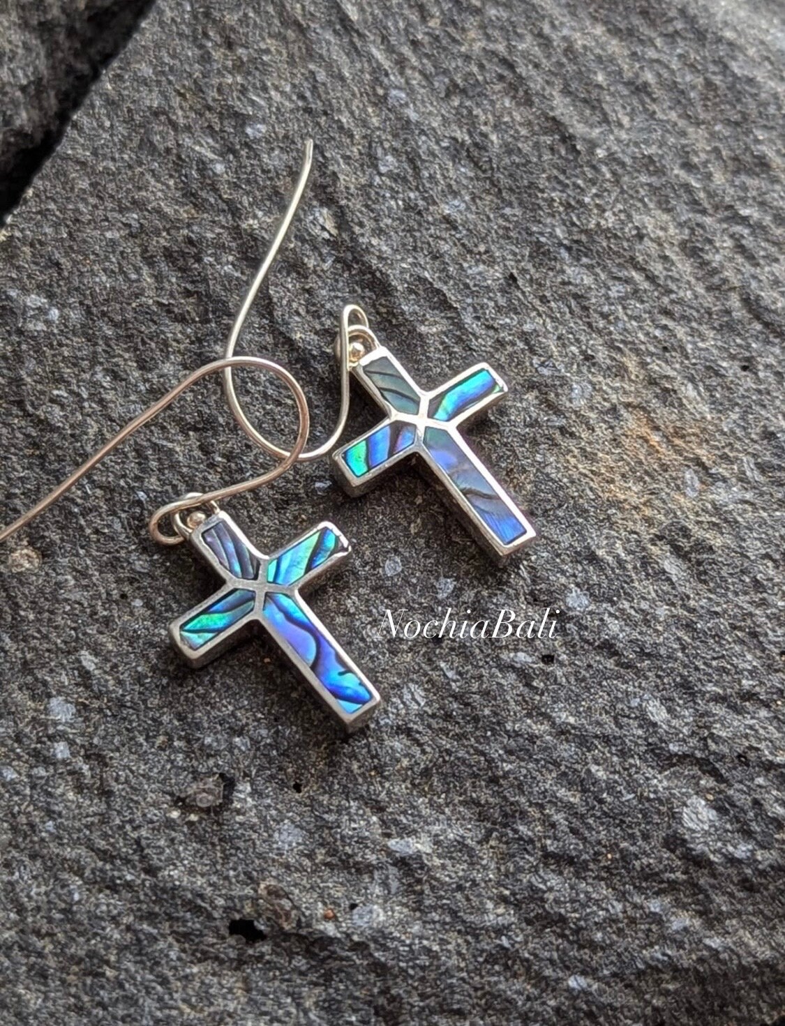 Orecchini A Croce In Argento 925 Con Conchiglia Abalone - Gioielli Religiosi Fatti A Mano, Ipoallergenici, Regalo Per Donne