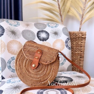 Boho Sling Bag, Rattan summer Bag, Woven beach bag, Beach wedding Bag, adjustable and genuine leather strap image 2