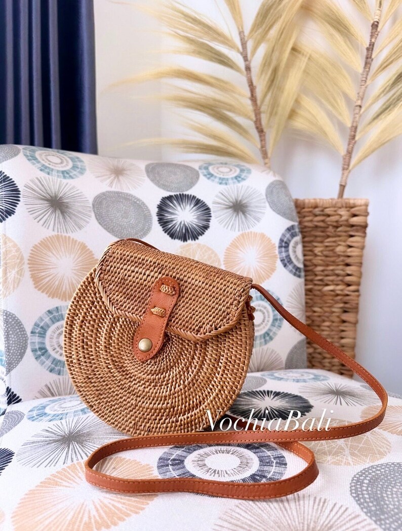 Boho Sling Bag, Rattan summer Bag, Woven beach bag, Beach wedding Bag, adjustable and genuine leather strap image 2
