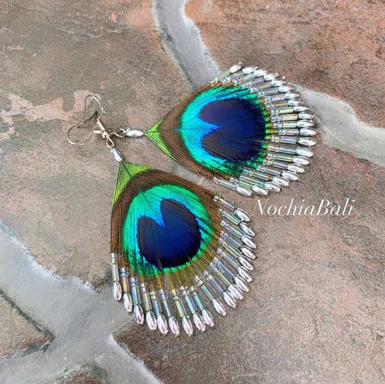 Boho Peacock Feather Dangle Earrings - Women's Bohemian Tassel Ear Drops Green