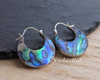 Créoles, boucles d'oreilles en argent abalone, boucles d'oreilles minimalistes, argent sterling bohème, cadeau pour elle