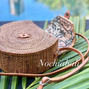 Boho Sling Bag, Rattan summer Bag, Woven beach bag, Beach wedding Bag, adjustable and genuine leather strap image 4