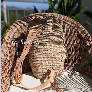 Beach Straw backpack, Woven Raffia backpack, Backpack with Genuine leather strap, Natural Leather color, gift for her image 5