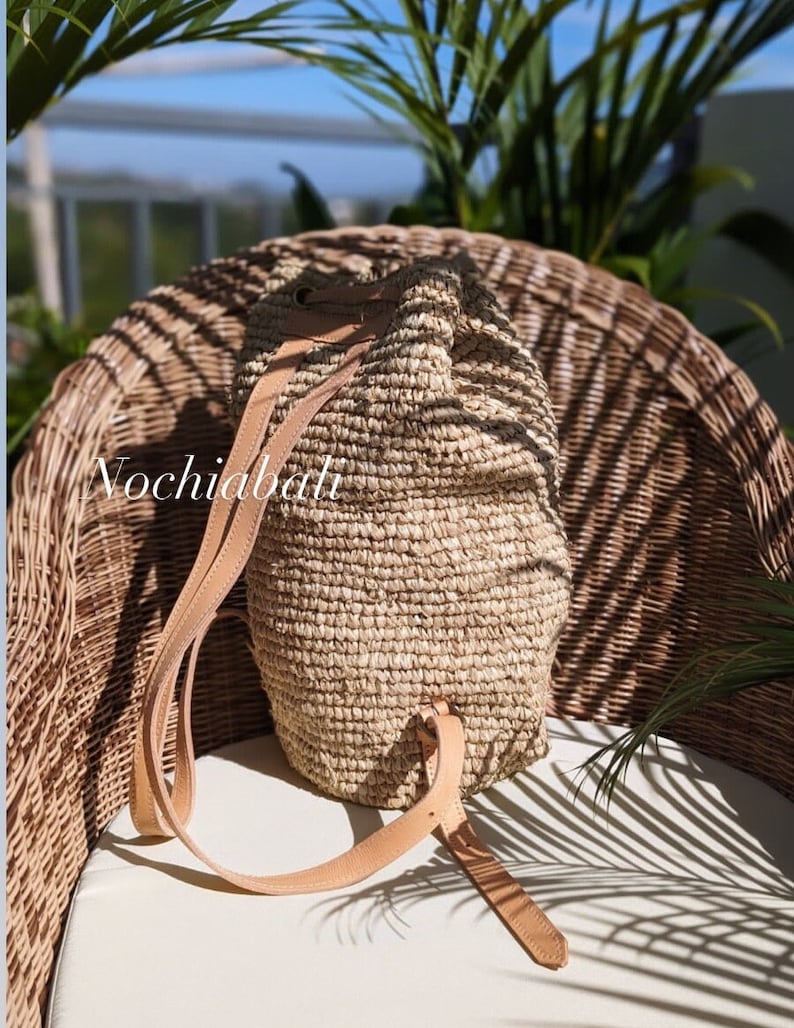 Beach Straw backpack, Woven Raffia backpack, Backpack with Genuine leather strap, Natural Leather color, gift for her image 5