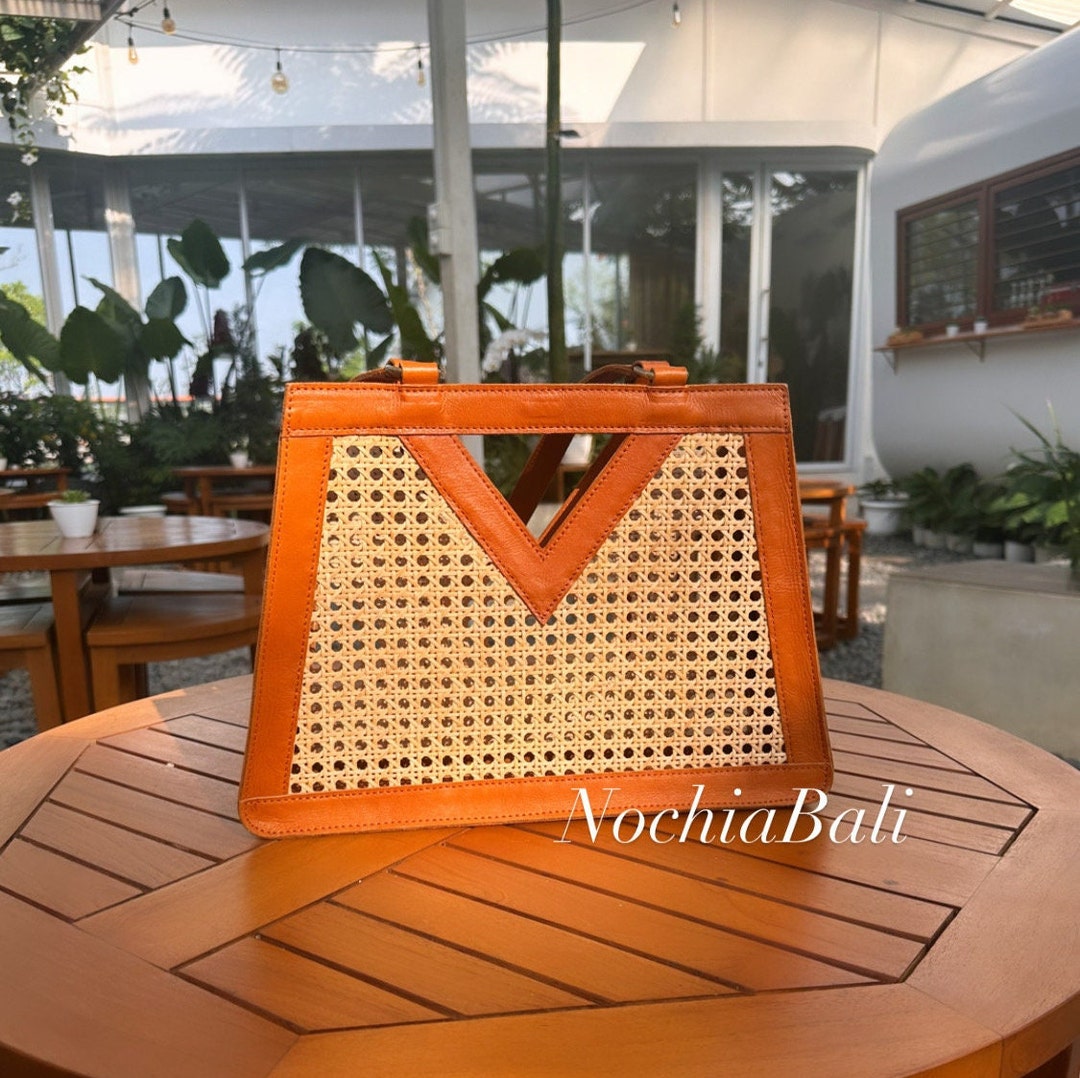 Leather Rattan Bag, Cane bing Bag, Wicker Rattan Handbag, Black