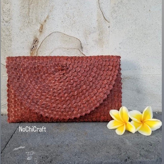 Maroon Straw Clutch Palm Leaf Clutch Casual Boho Purse Etsy