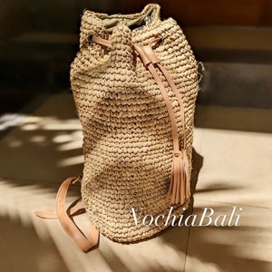 Beach Straw backpack, Woven Raffia backpack, Backpack with Genuine leather strap, Natural Leather color, gift for her image 9