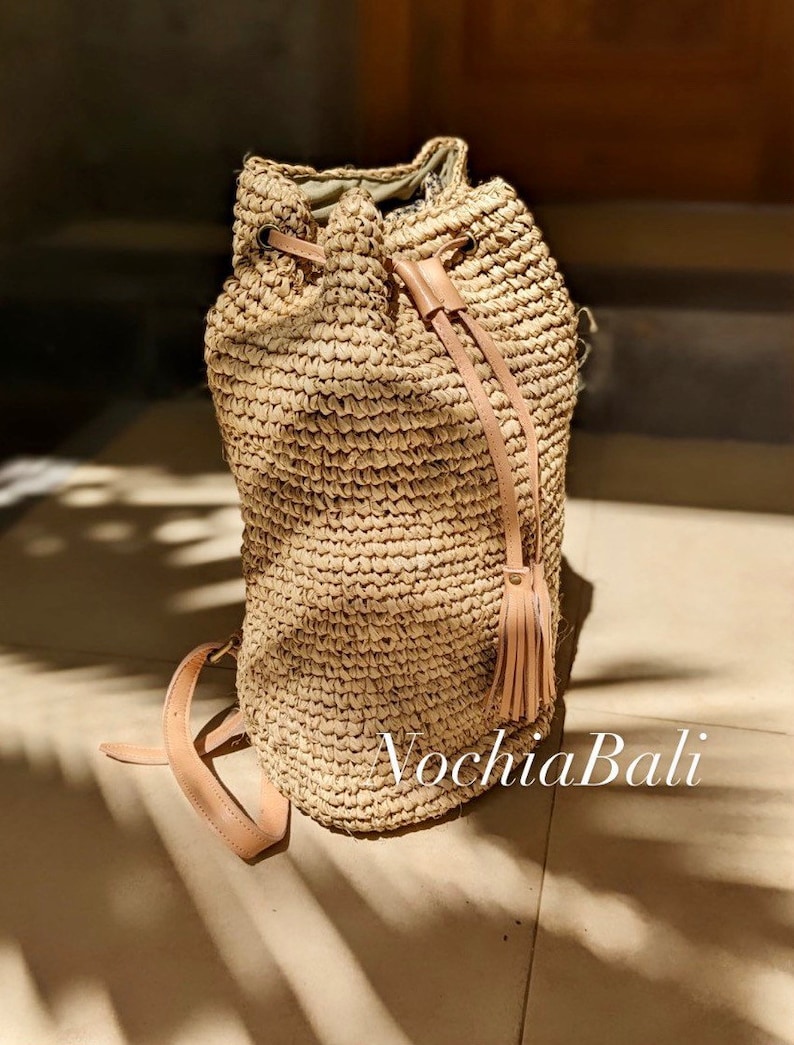 Beach Straw backpack, Woven Raffia backpack, Backpack with Genuine leather strap, Natural Leather color, gift for her image 9