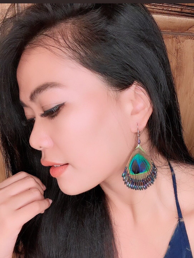 Peacock Feather Earrings, Natural peacock earring, Peacock Feather Jewelry, Boho earring, gift for her image 2