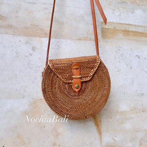 Boho Sling Bag, Rattan summer Bag, Woven beach bag, Beach wedding Bag, adjustable and genuine leather strap image 6