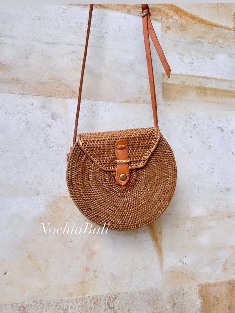 Boho Sling Bag, Rattan summer Bag, Woven beach bag, Beach wedding Bag, adjustable and genuine leather strap image 6