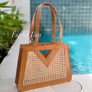 Leather Rattan Bag, Cane Webbing Bag, Wicker Rattan Handbag, Black Leather Tote, Cane Webbing Tote, Bali Handmade Bag, genuine leather bag
