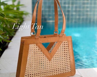 Leather Rattan Bag, Cane Webbing Bag, Wicker Rattan Handbag, Black Leather Tote, Cane Webbing Tote, Bali Handmade Bag, genuine leather bag