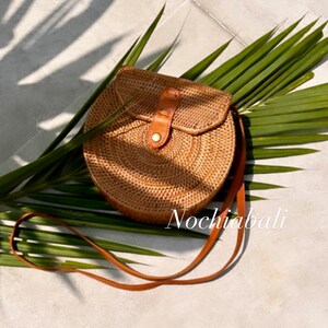 Boho Sling Bag, Rattan summer Bag, Woven beach bag, Beach wedding Bag, adjustable and genuine leather strap image 7