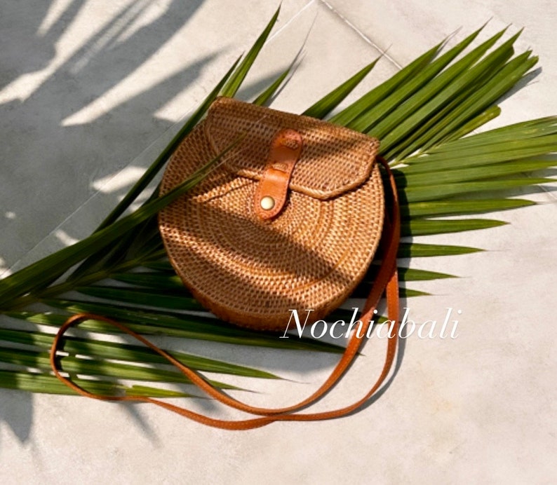 Boho Sling Bag, Rattan summer Bag, Woven beach bag, Beach wedding Bag, adjustable and genuine leather strap image 7