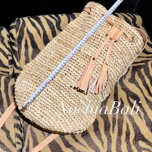 Beach Straw backpack, Woven Raffia backpack, Backpack with Genuine leather strap, Natural Leather color, gift for her image 4