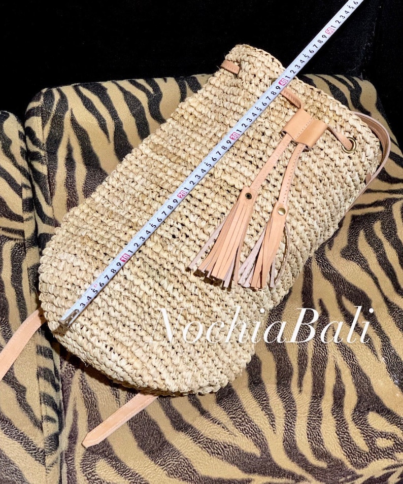 Beach Straw backpack, Woven Raffia backpack, Backpack with Genuine leather strap, Natural Leather color, gift for her image 4