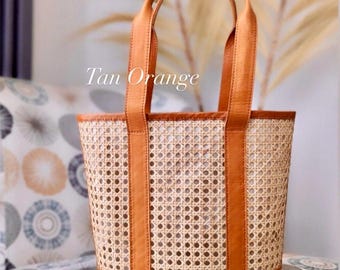 Tan Rattan Tote, Cane Webbing Bag, Wicker Rattan Handbag, Cane Webbing Tote, Bali Handmade Bag, genuine leather bag