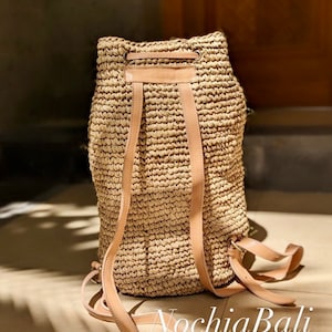 Beach Straw backpack, Woven Raffia backpack, Backpack with Genuine leather strap, Natural Leather color, gift for her image 10